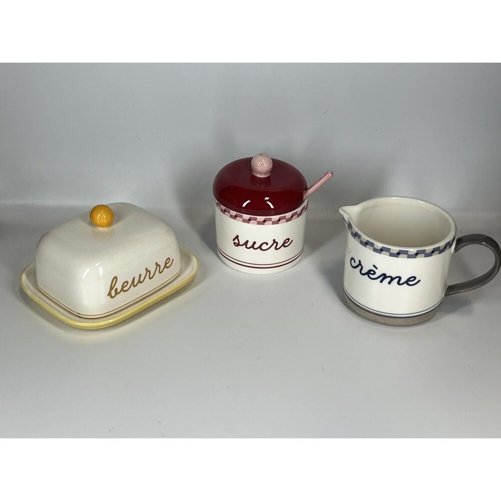Anthropologie Café Violette Stoneware Butter Dish, Sugar Diish and Creamer Set